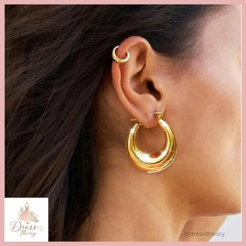 14K Gold Plated Chunky Triple Hoop Earrings Hypoallergenic 30mm - Picture 5 of 8